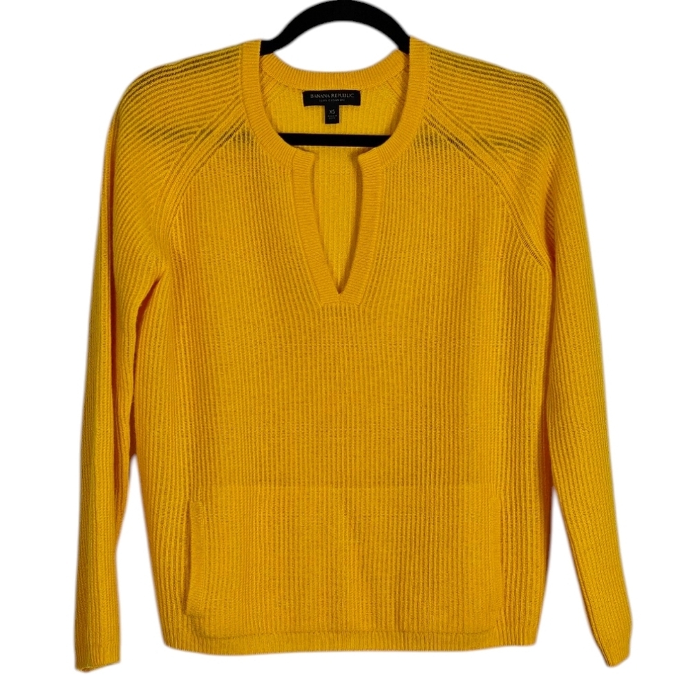 BANANA REPUBLIC 100% Cashmere Slit Neck Ribbed Pullover Sweater Yellow Size XS